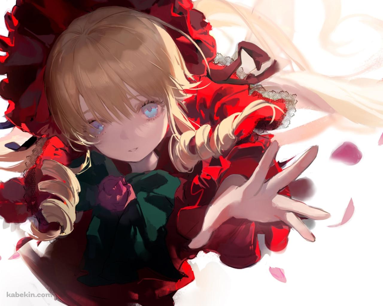 ピンクの花びらに手を伸ばす赤い洋服を着た真紅 / ローゼンメイデンの壁紙(1280px x 1024px) 高画質 PC・デスクトップ用
