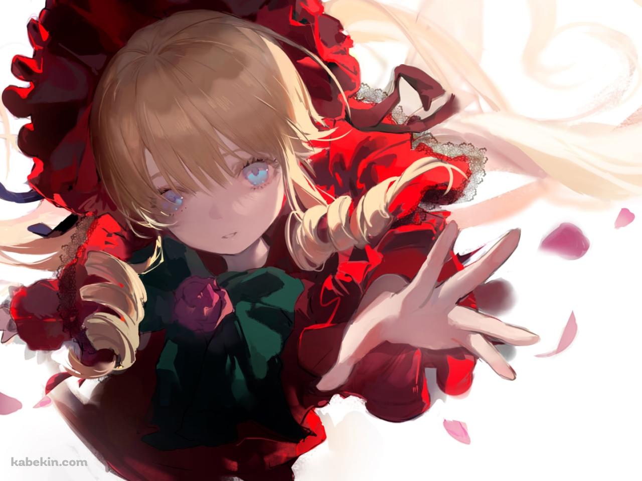 ピンクの花びらに手を伸ばす赤い洋服を着た真紅 / ローゼンメイデンの壁紙(1280px x 960px) 高画質 PC・デスクトップ用
