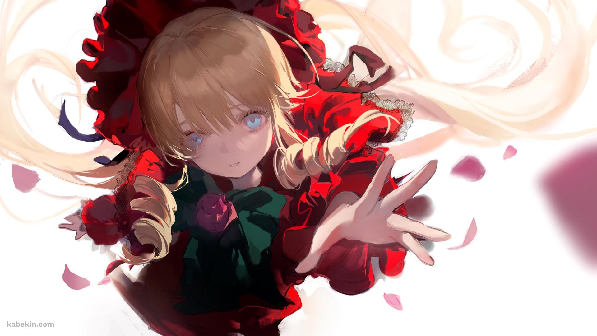 ピンクの花びらに手を伸ばす赤い洋服を着た真紅 / ローゼンメイデンの壁紙(1920px x 1080px) 高画質 PC・デスクトップ用