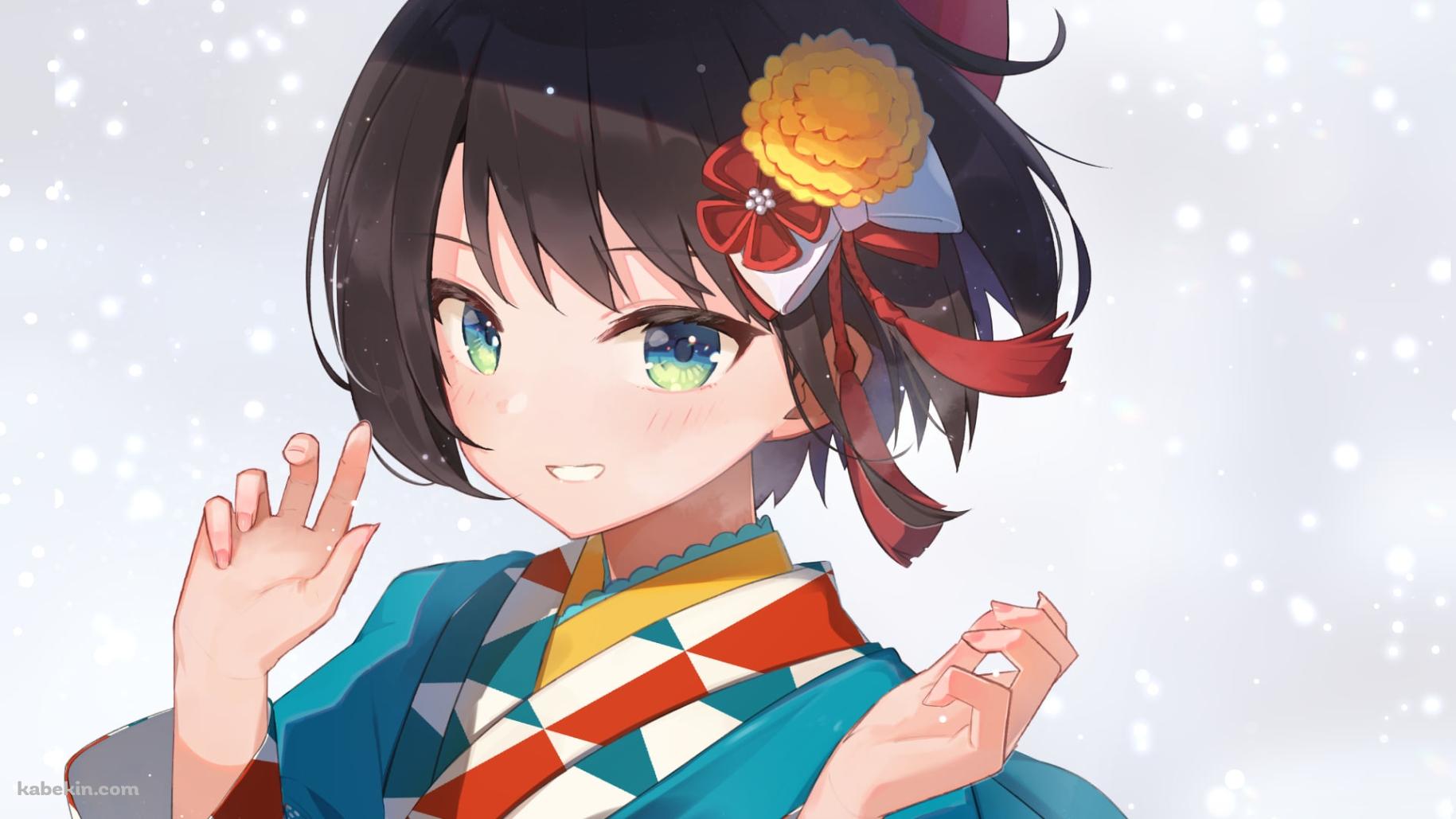 緑・赤・黄色のモダンな着物を着た可愛い大空スバル / ホロライブ / バーチャルYouTuber / Vtuberの壁紙(1829px x 1029px) 高画質 PC・デスクトップ用