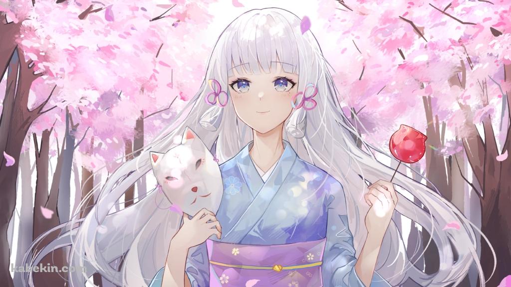 あんず飴と狐のお面を持つ神里綾華 / 原神の壁紙(1024px x 576px) 高画質 PC・デスクトップ用