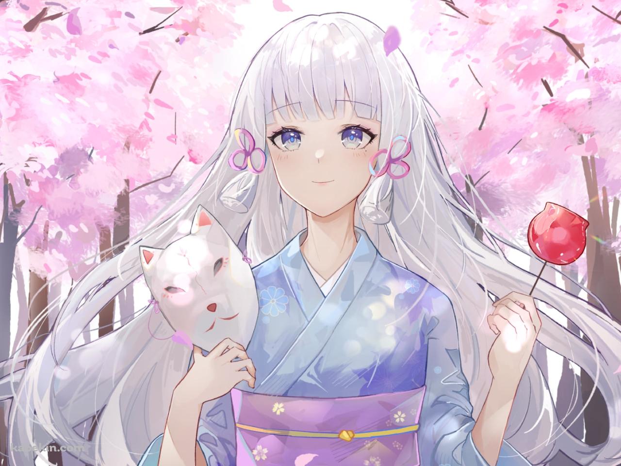 あんず飴と狐のお面を持つ神里綾華 / 原神の壁紙(1280px x 960px) 高画質 PC・デスクトップ用
