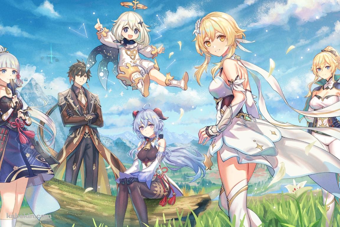 晴天時、野原に集合する甘雨、蛍、神里綾華、鍾離、ジン・グンヒルド、パイモン / 原神の壁紙(1152px x 768px) 高画質 PC・デスクトップ用