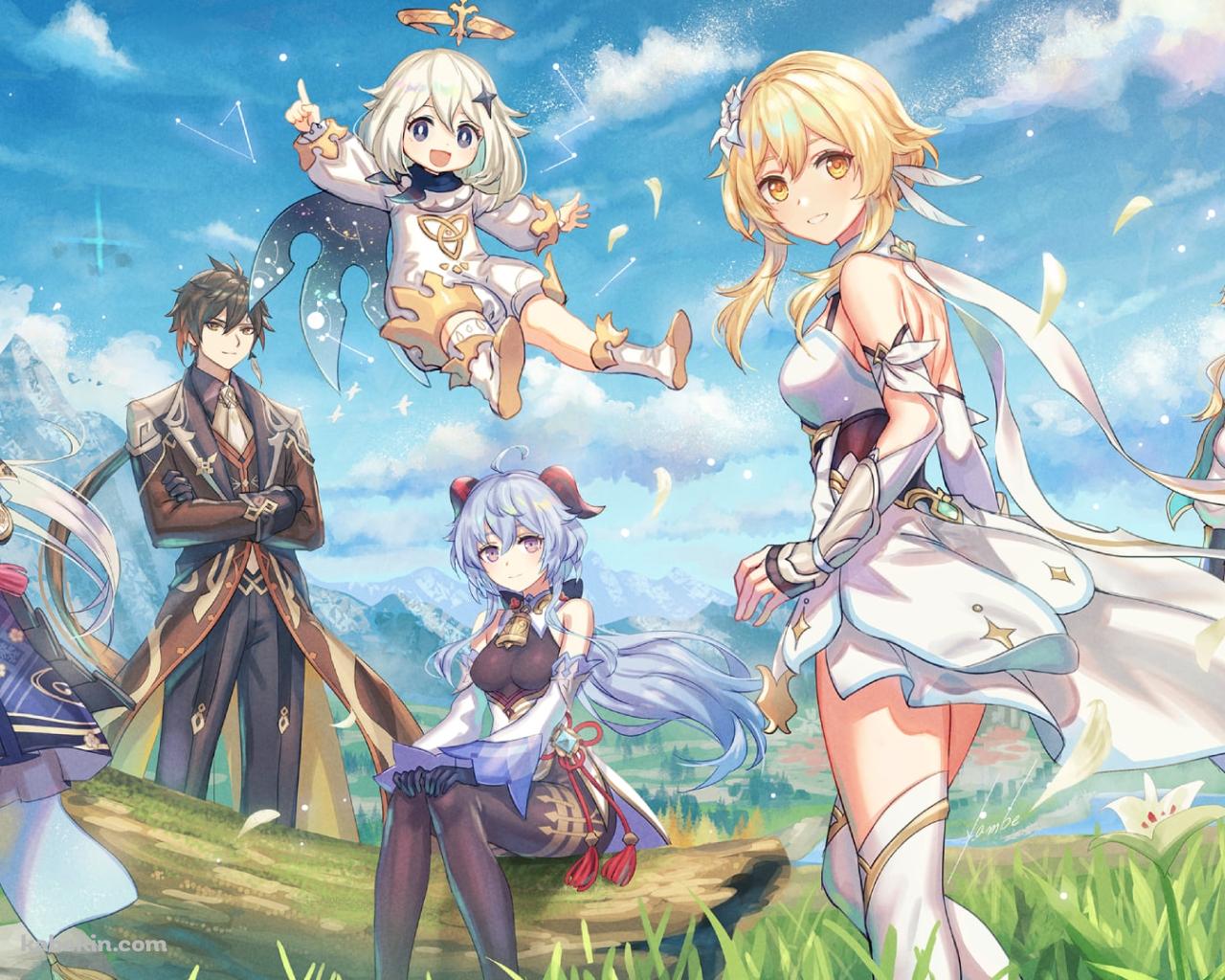 晴天時、野原に集合する甘雨、蛍、神里綾華、鍾離、ジン・グンヒルド、パイモン / 原神の壁紙(1280px x 1024px) 高画質 PC・デスクトップ用