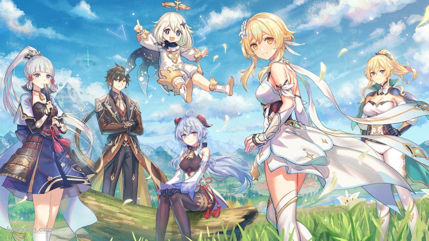 晴天時、野原に集合する甘雨、蛍、神里綾華、鍾離、ジン・グンヒルド、パイモン / 原神の壁紙(1366px x 768px) 高画質 PC・デスクトップ用
