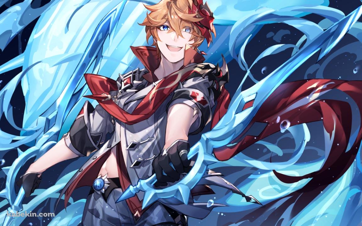 両手に青い剣を持つ笑顔のタルタリヤ / 原神の壁紙(1152px x 720px) 高画質 PC・デスクトップ用