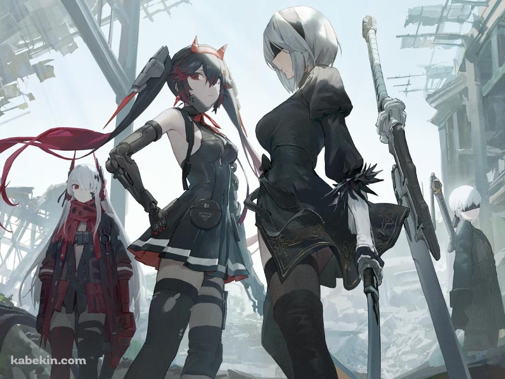 立ち尽くすヨルハ二号b型 / ヨルハ九号s型 / ルシア・深淵ノ紅 / ニーアオートマタ / パニシング:グレイレイヴンの壁紙(1024px x 768px) 高画質 PC・デスクトップ用