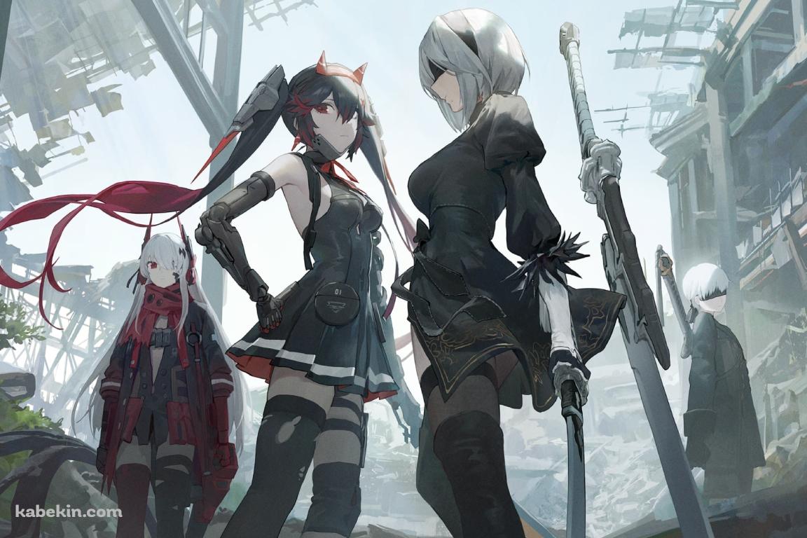 立ち尽くすヨルハ二号b型 / ヨルハ九号s型 / ルシア・深淵ノ紅 / ニーアオートマタ / パニシング:グレイレイヴンの壁紙(1152px x 768px) 高画質 PC・デスクトップ用