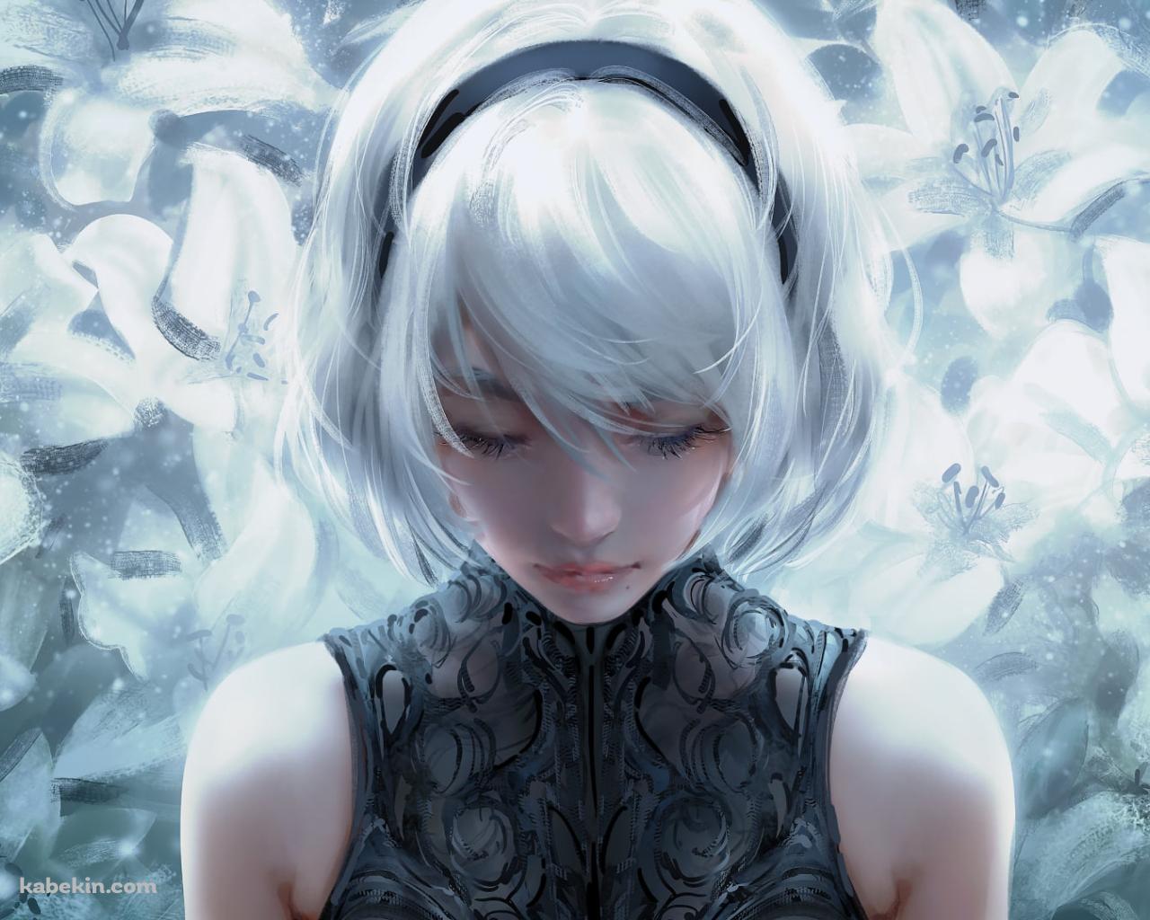 白い花と俯くヨルハ二号b型 / 2b / ニーアオートマタ / nier: automataの壁紙(1280px x 1024px) 高画質 PC・デスクトップ用