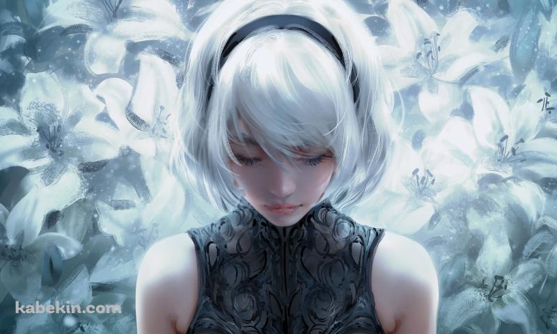 白い花と俯くヨルハ二号b型 / 2b / ニーアオートマタ / nier: automataの壁紙(800px x 480px) 高画質 PC・デスクトップ用