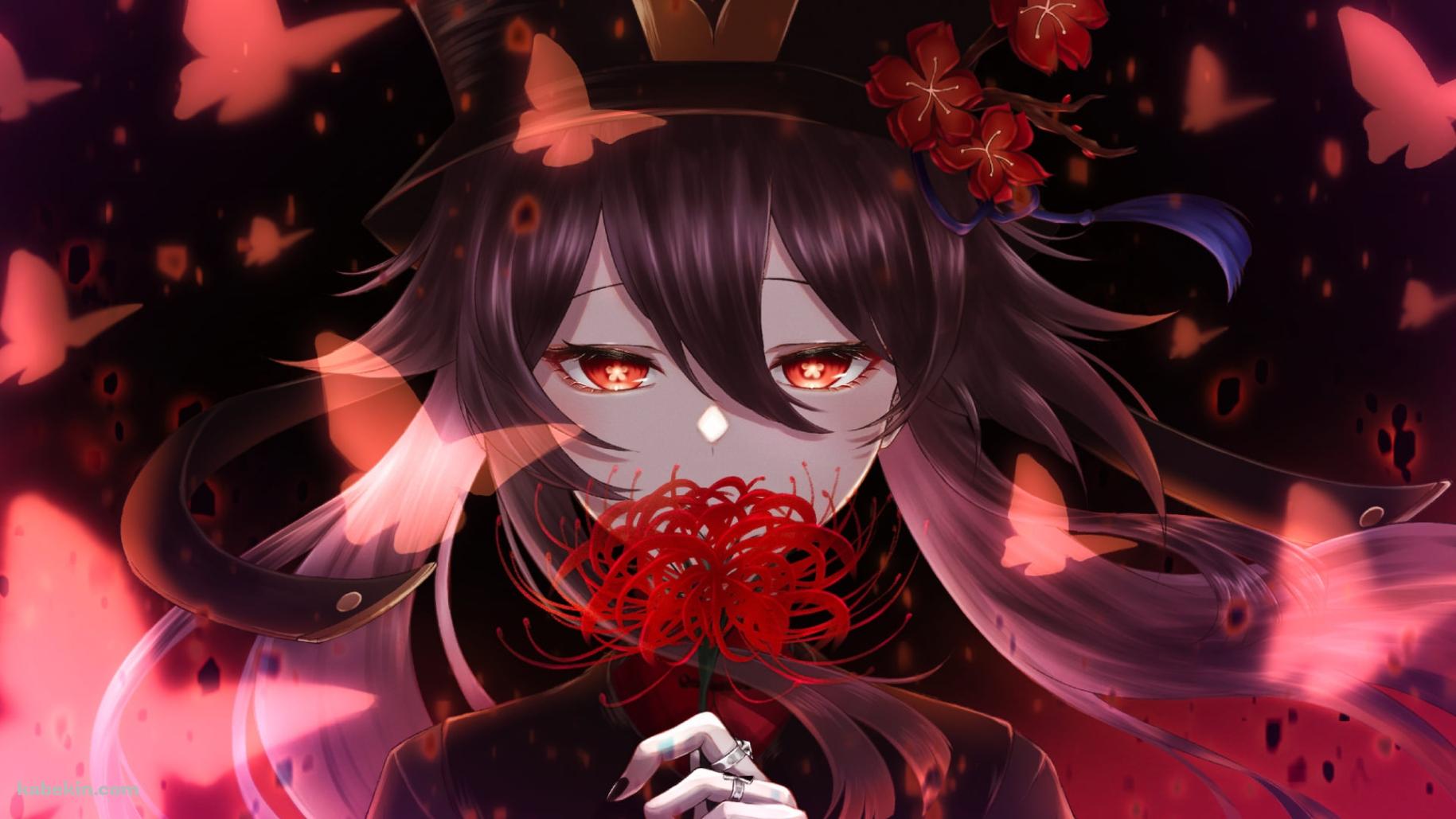彼岸花を持つ冷たい表情の胡桃 / 赤い蝶 / 原神の壁紙(1829px x 1029px) 高画質 PC・デスクトップ用