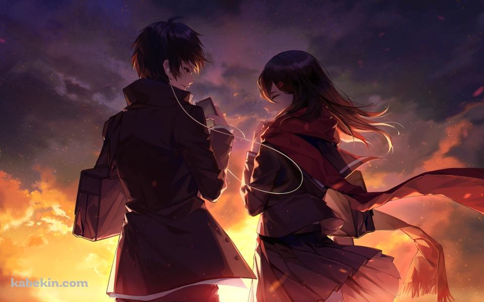 並んで音楽を聴く楯山文乃 / 如月シンタロー / メカクシティアクターズの壁紙(960px x 600px) 高画質 PC・デスクトップ用