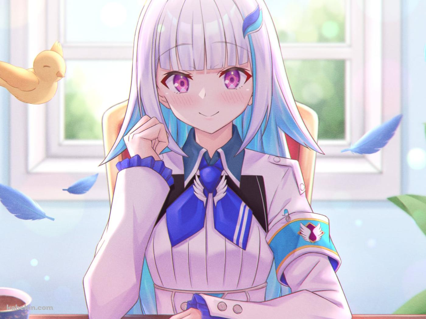 机に座って微笑むリゼ・ヘルエスタとセバスチャン・ピヨードル / にじさんじ / バーチャルYouTuber / Vtuberの壁紙(1400px x 1050px) 高画質 PC・デスクトップ用