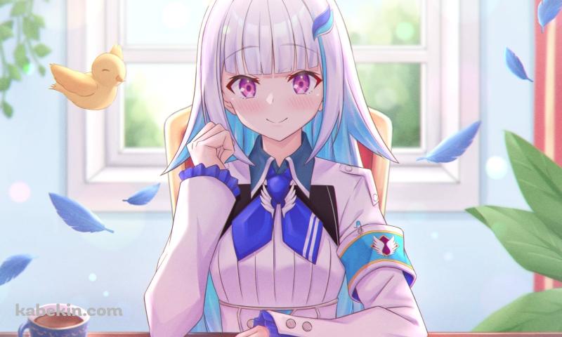 机に座って微笑むリゼ・ヘルエスタとセバスチャン・ピヨードル / にじさんじ / バーチャルYouTuber / Vtuberの壁紙(800px x 480px) 高画質 PC・デスクトップ用