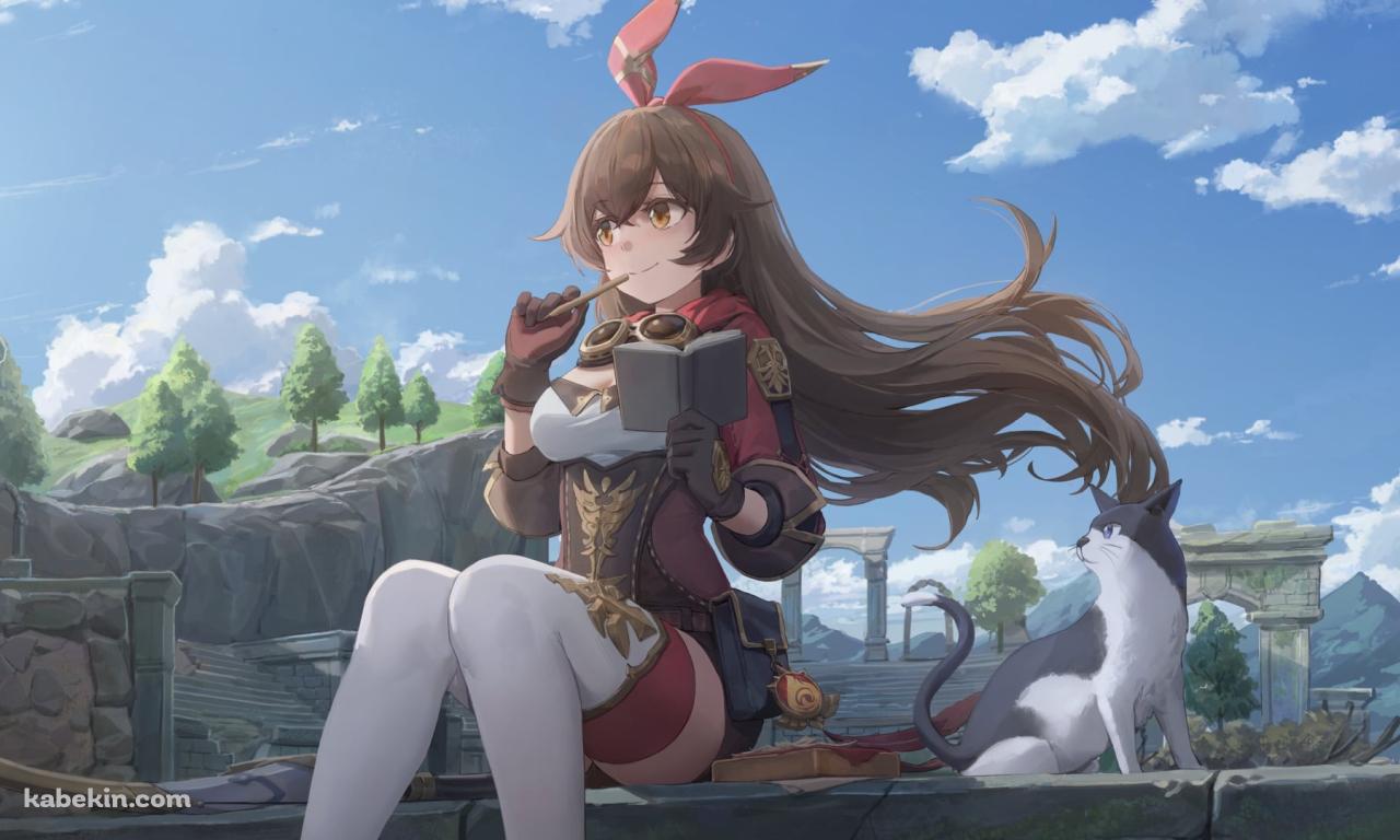 手帳を広げて物思いにふけるアンバーとそれを見る黒と白の猫 / 原神の壁紙(1280px x 768px) 高画質 PC・デスクトップ用