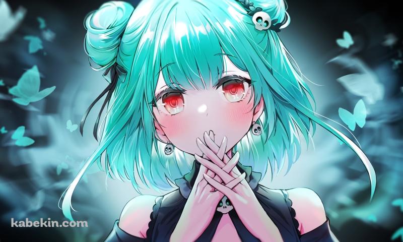 口元で両手を合わせる潤羽るしあ / 沢山の青い蝶 / ホロライブ / バーチャルYouTuber / Vtuberの壁紙(800px x 480px) 高画質 PC・デスクトップ用