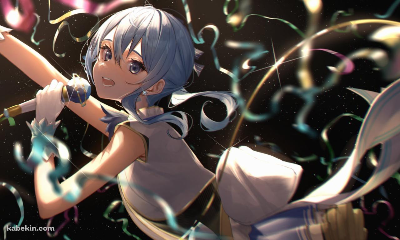 紙吹雪舞うステージ上でマイクを持って歌う星街すいせい / ホロライブ / バーチャルYouTuber / Vtuberの壁紙(1280px x 768px) 高画質 PC・デスクトップ用