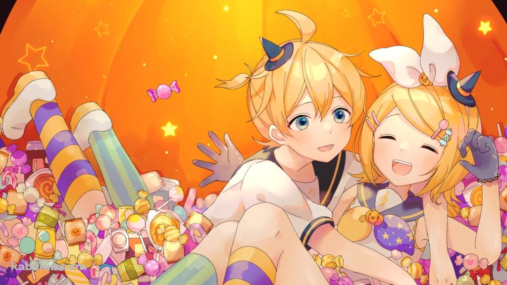 大量の飴玉の中ではしゃぐ鏡音リンと鏡音レン / ボカロ / ボーカロイドの壁紙(1024px x 576px) 高画質 PC・デスクトップ用