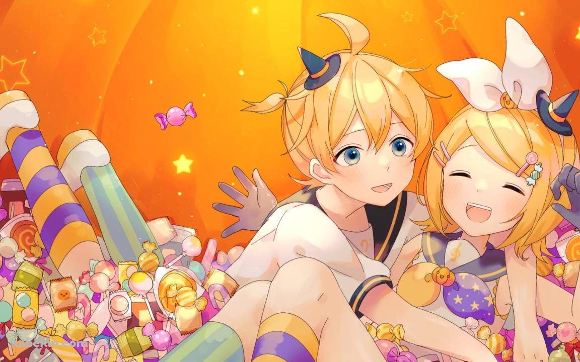 大量の飴玉の中ではしゃぐ鏡音リンと鏡音レン / ボカロ / ボーカロイドの壁紙(1152px x 720px) 高画質 PC・デスクトップ用