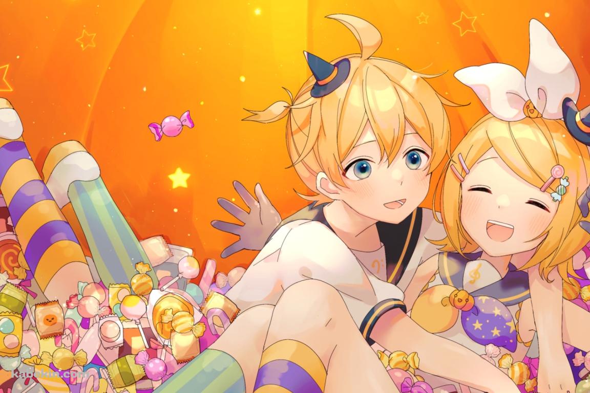 大量の飴玉の中ではしゃぐ鏡音リンと鏡音レン / ボカロ / ボーカロイドの壁紙(1152px x 768px) 高画質 PC・デスクトップ用