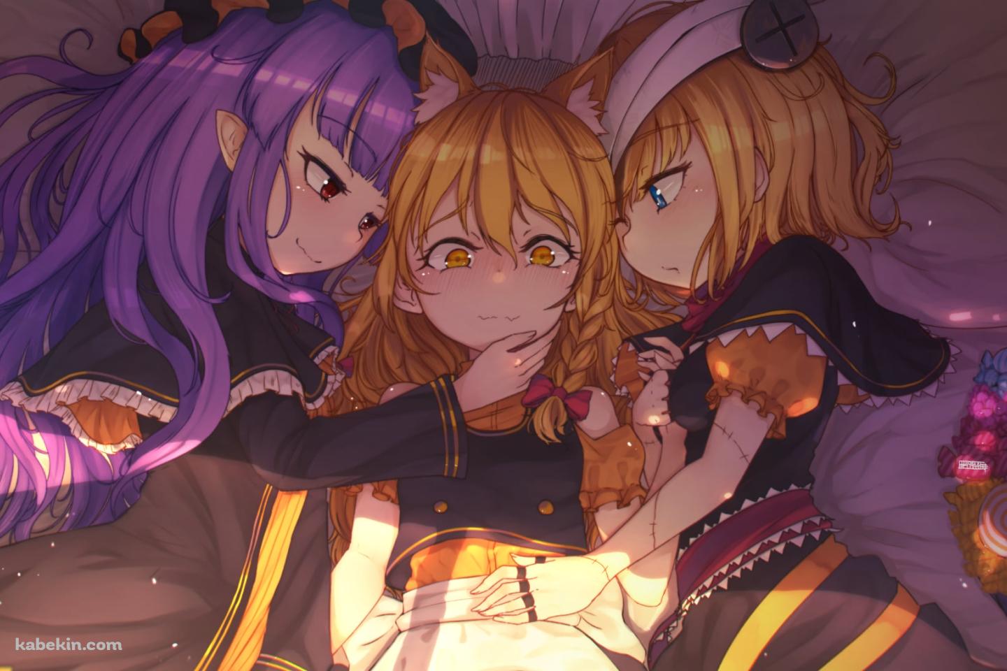 川の字で寝る霧雨魔理沙 / パチュリー・ノーレッジ / アリス・マーガトロイド / 東方の壁紙(1440px x 960px) 高画質 PC・デスクトップ用
