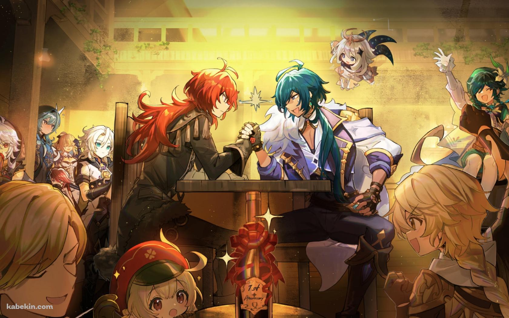 酒場で腕相撲をするディルック・ラグヴィンドとガイア・アルベリヒ / エウルア・ローレンス / ジン・グンヒルド / パイモン / クレー / ロサリア / 空 / ウェンティ / アルベド / レザー / 原神の壁紙(1680px x 1050px) 高画質 PC・デスクトップ用