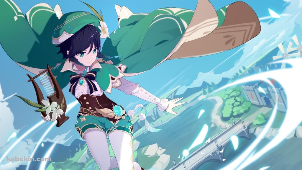 空中で魔法を詠唱するウェンティ / 原神の壁紙(1024px x 576px) 高画質 PC・デスクトップ用