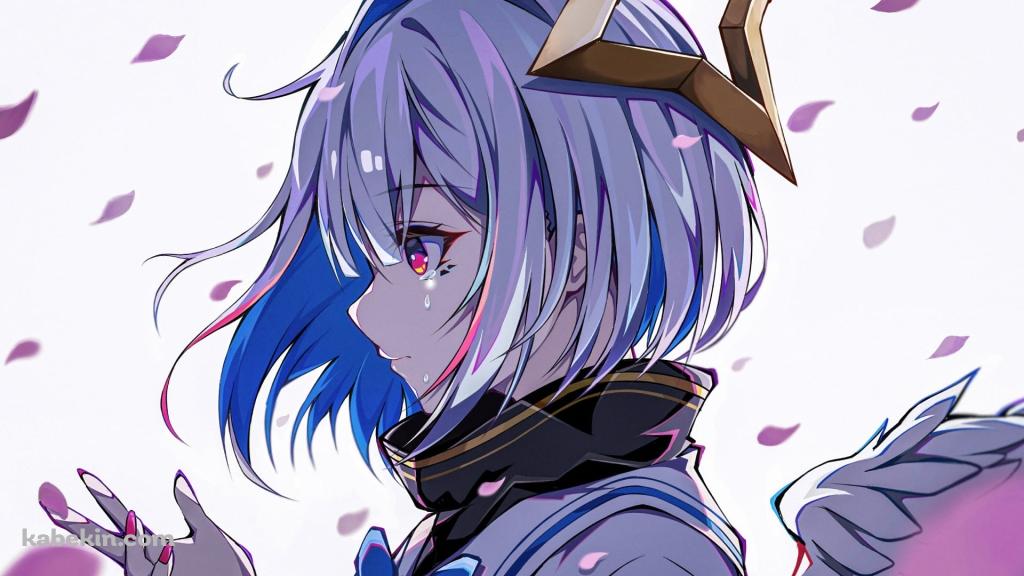 舞い散る桜の花びらと手のひらを見つめる天音かなた / ホロライブ / バーチャルYouTuber / Vtuberの壁紙(1024px x 576px) 高画質 PC・デスクトップ用