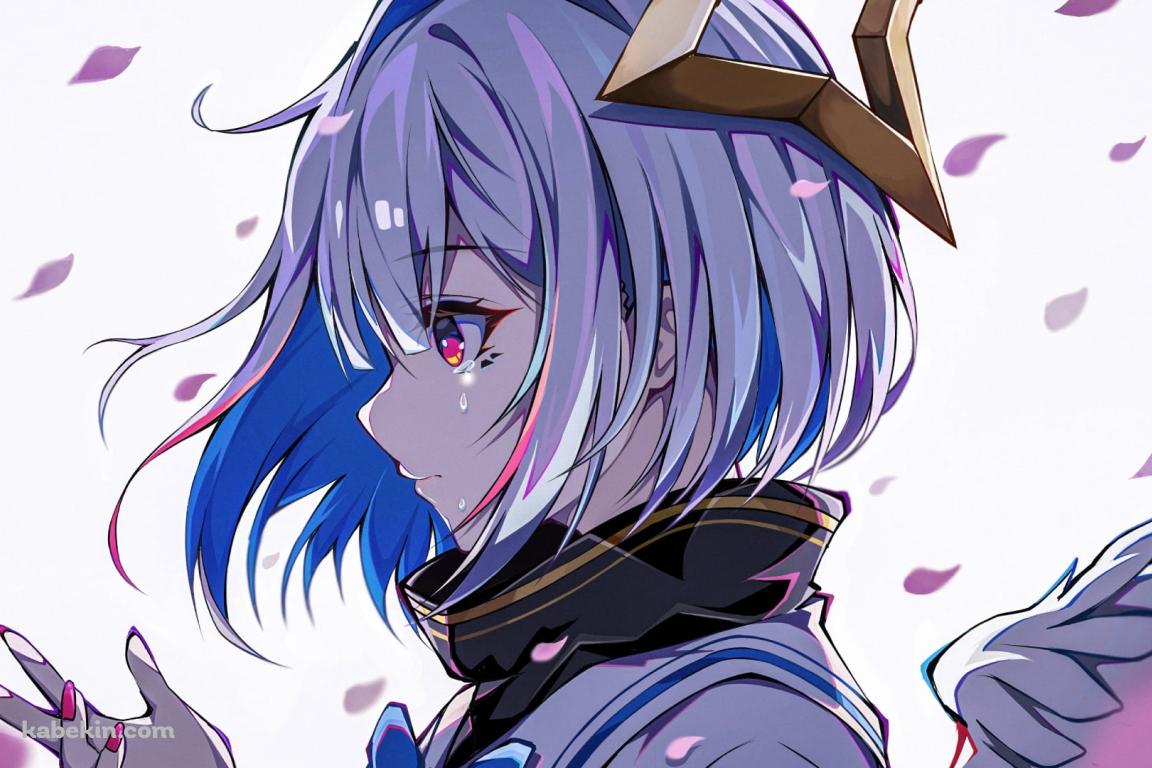 舞い散る桜の花びらと手のひらを見つめる天音かなた / ホロライブ / バーチャルYouTuber / Vtuberの壁紙(1152px x 768px) 高画質 PC・デスクトップ用