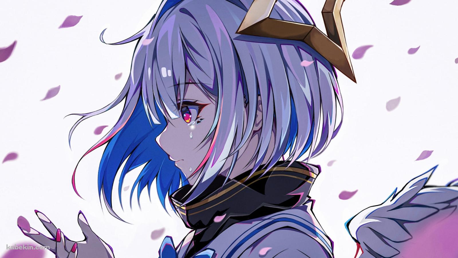 舞い散る桜の花びらと手のひらを見つめる天音かなた / ホロライブ / バーチャルYouTuber / Vtuberの壁紙(1600px x 900px) 高画質 PC・デスクトップ用