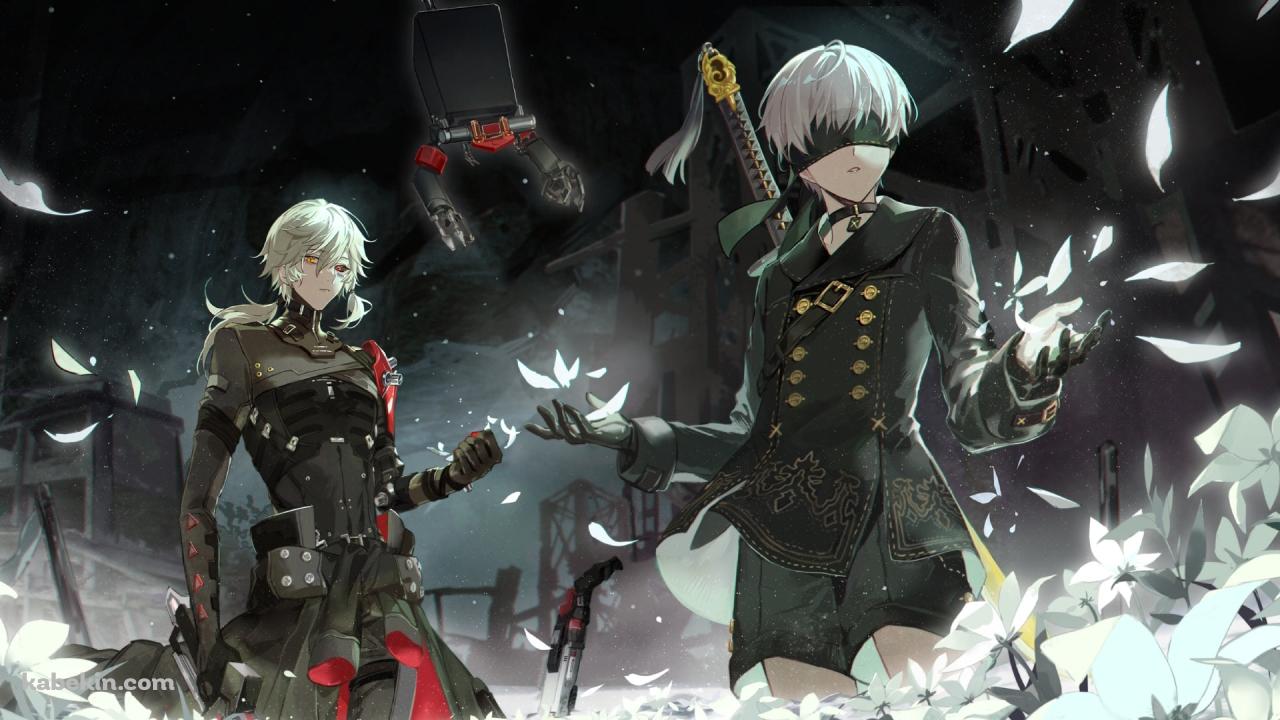 白い花が咲く中で立ち尽くすヨルハ九号s型とローランド / 9s / ポッド / ニーアオートマタ / パニシング:グレイレイヴンの壁紙(1280px x 720px) 高画質 PC・デスクトップ用