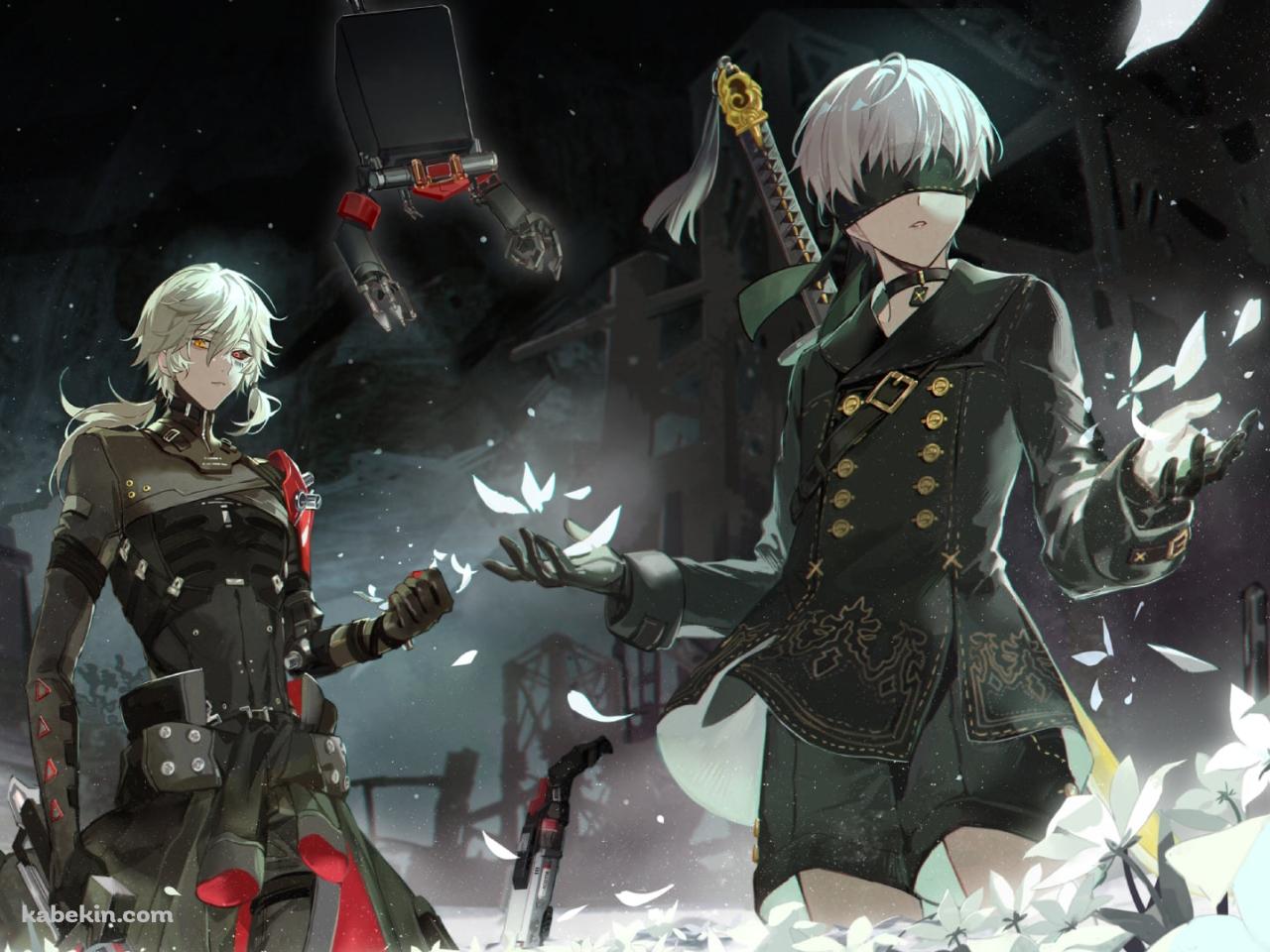 白い花が咲く中で立ち尽くすヨルハ九号s型とローランド / 9s / ポッド / ニーアオートマタ / パニシング:グレイレイヴンの壁紙(1280px x 960px) 高画質 PC・デスクトップ用