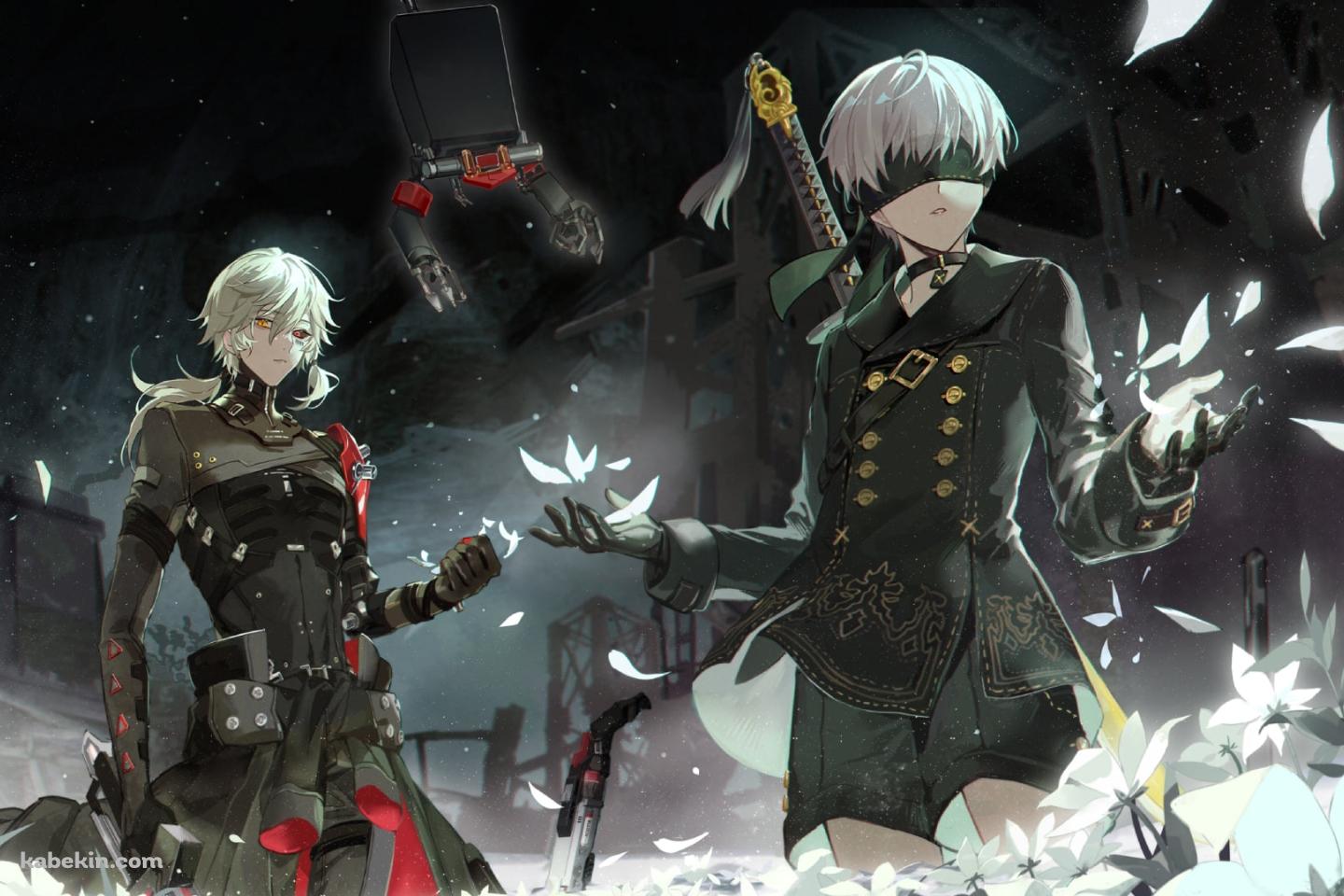 白い花が咲く中で立ち尽くすヨルハ九号s型とローランド / 9s / ポッド / ニーアオートマタ / パニシング:グレイレイヴンの壁紙(1440px x 960px) 高画質 PC・デスクトップ用