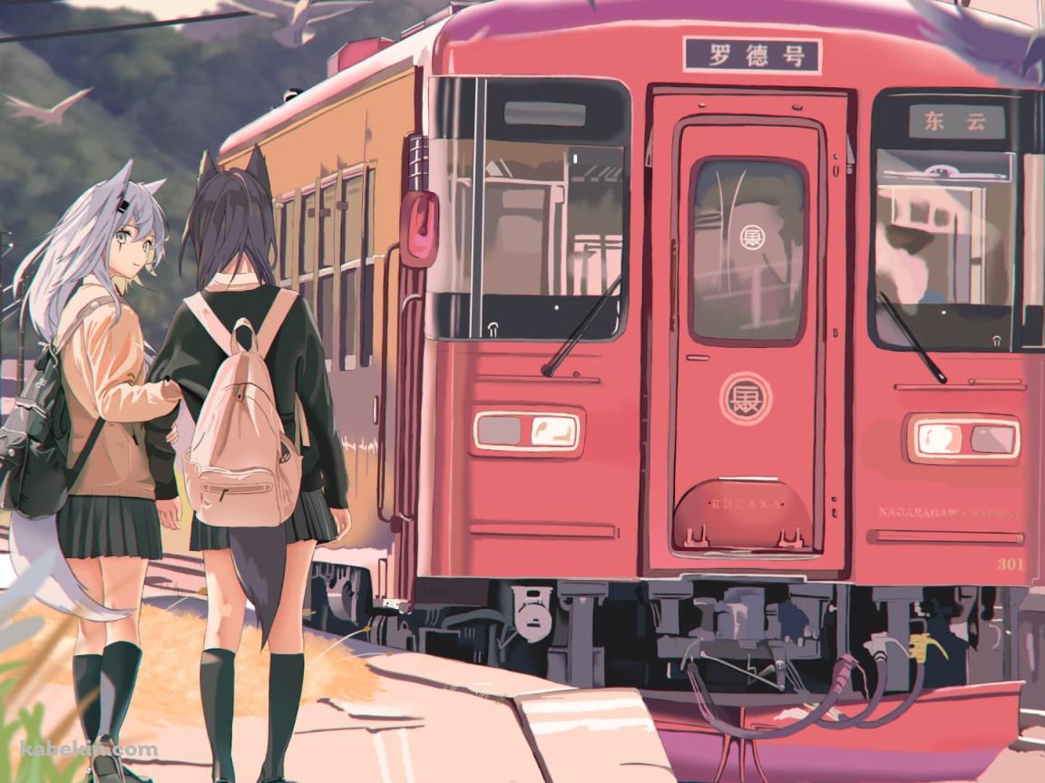 駅のホームで腕を組むテキサスとラップランド / 赤い電車 / 田舎 / アークナイツの壁紙(1152px x 864px) 高画質 PC・デスクトップ用