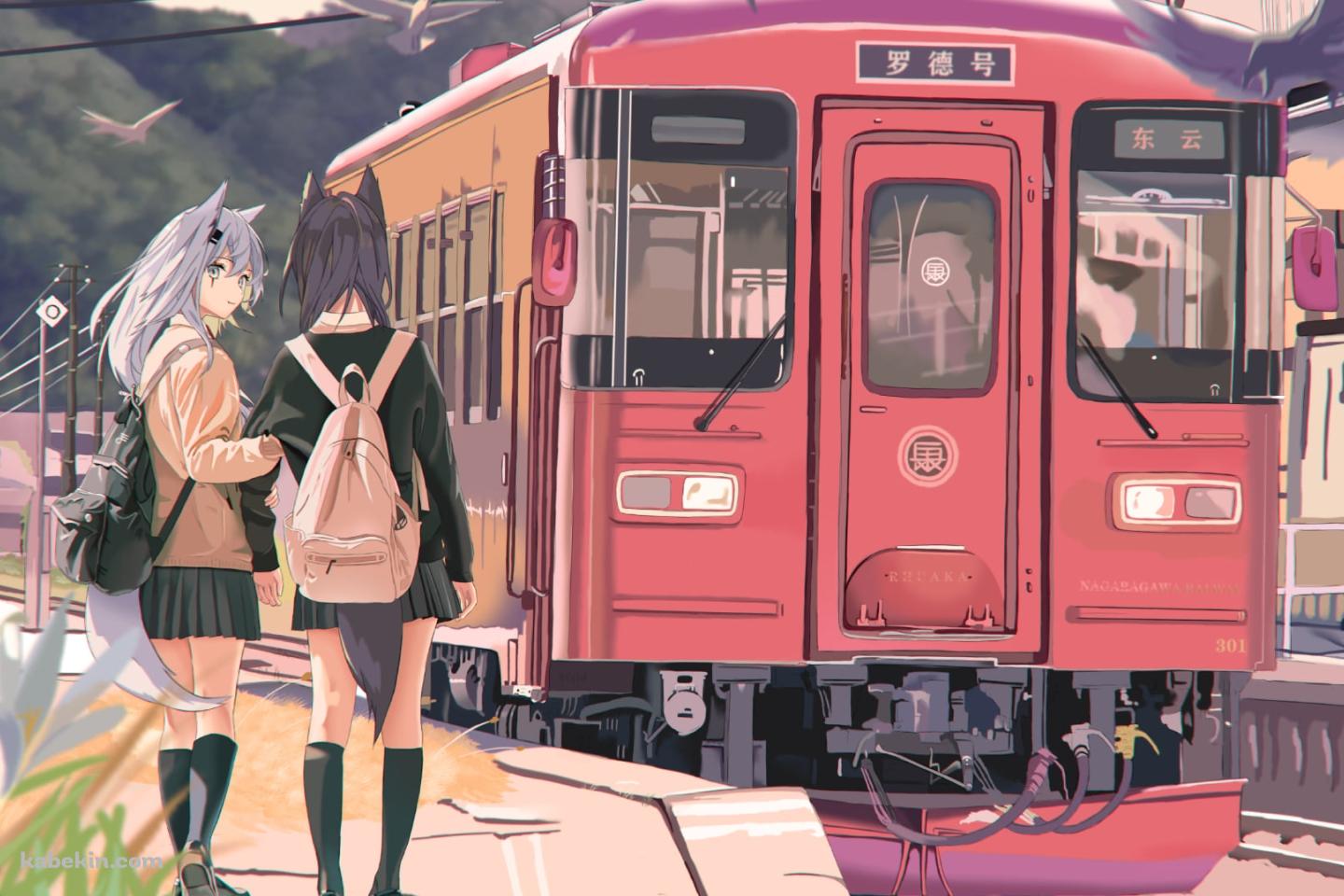 駅のホームで腕を組むテキサスとラップランド / 赤い電車 / 田舎 / アークナイツの壁紙(1440px x 960px) 高画質 PC・デスクトップ用