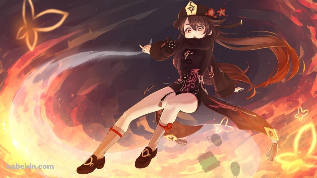 飛んで炎を撒き散らす胡桃 / 原神の壁紙(1024px x 576px) 高画質 PC・デスクトップ用