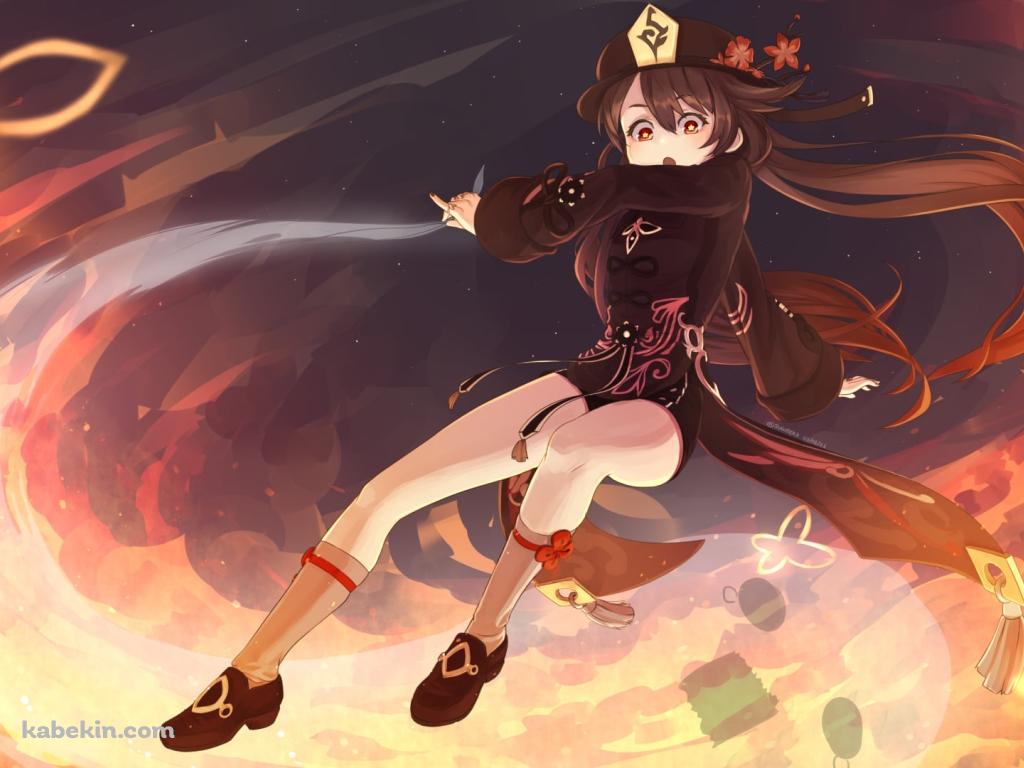 飛んで炎を撒き散らす胡桃 / 原神の壁紙(1024px x 768px) 高画質 PC・デスクトップ用