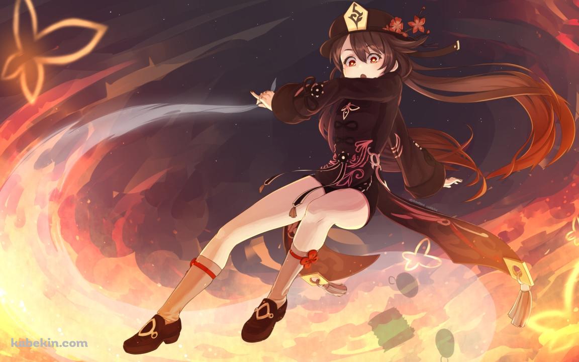 飛んで炎を撒き散らす胡桃 / 原神の壁紙(1152px x 720px) 高画質 PC・デスクトップ用