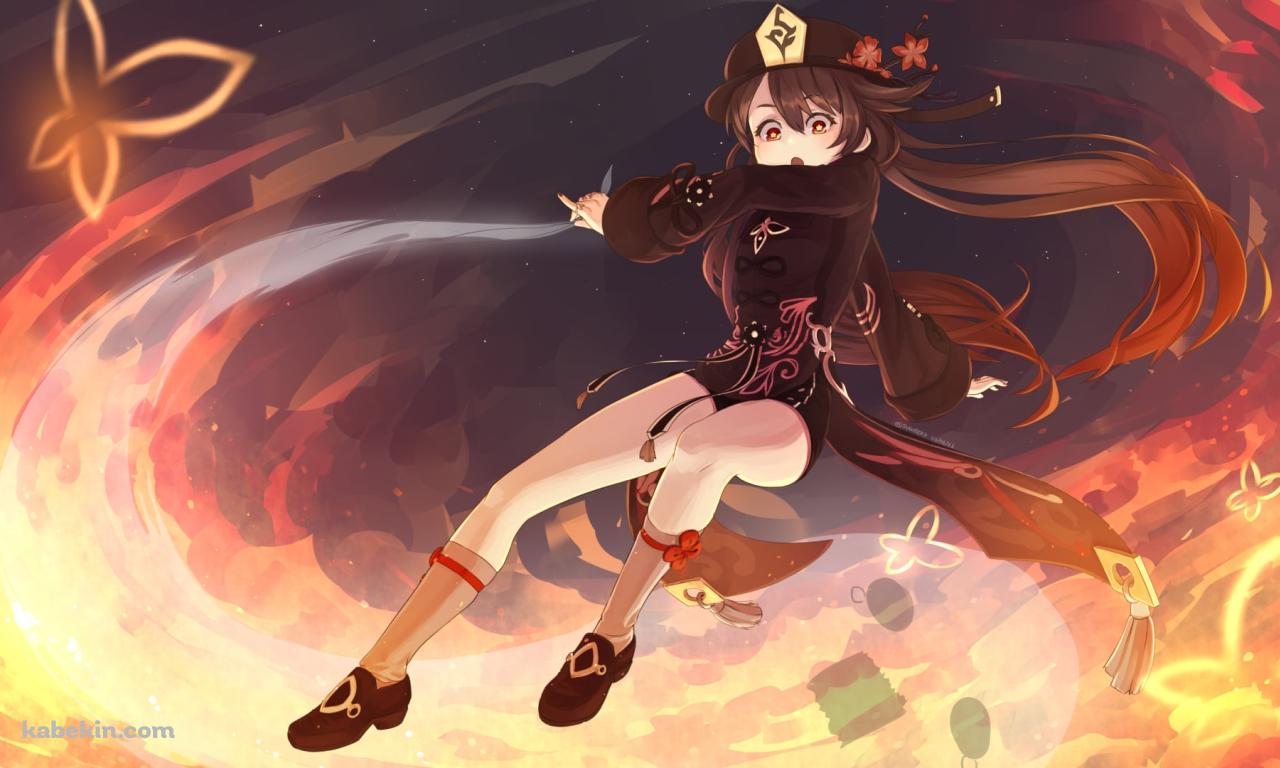 飛んで炎を撒き散らす胡桃 / 原神の壁紙(1280px x 768px) 高画質 PC・デスクトップ用