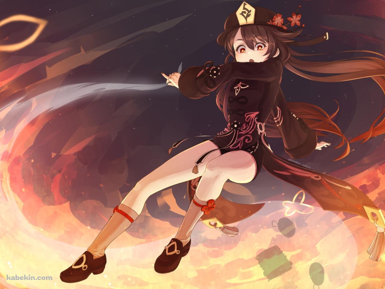 飛んで炎を撒き散らす胡桃 / 原神の壁紙(1280px x 960px) 高画質 PC・デスクトップ用