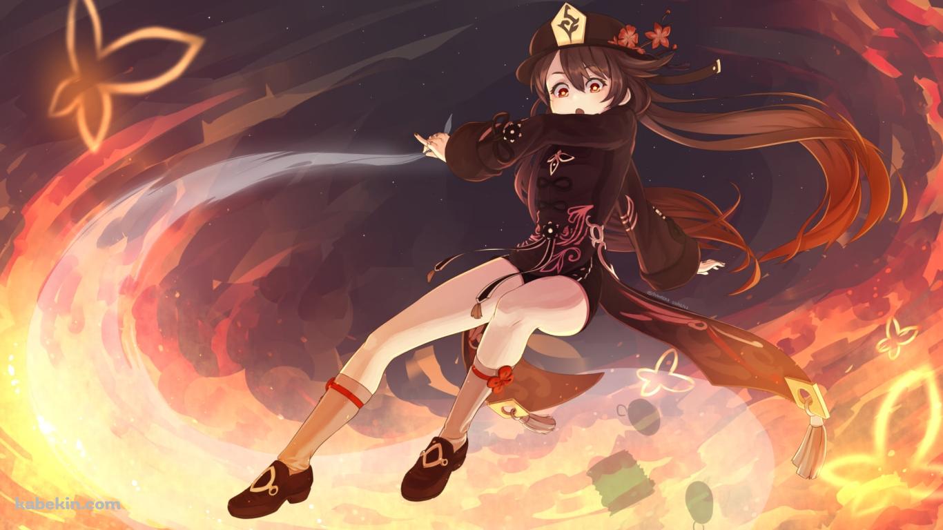 飛んで炎を撒き散らす胡桃 / 原神の壁紙(1366px x 768px) 高画質 PC・デスクトップ用