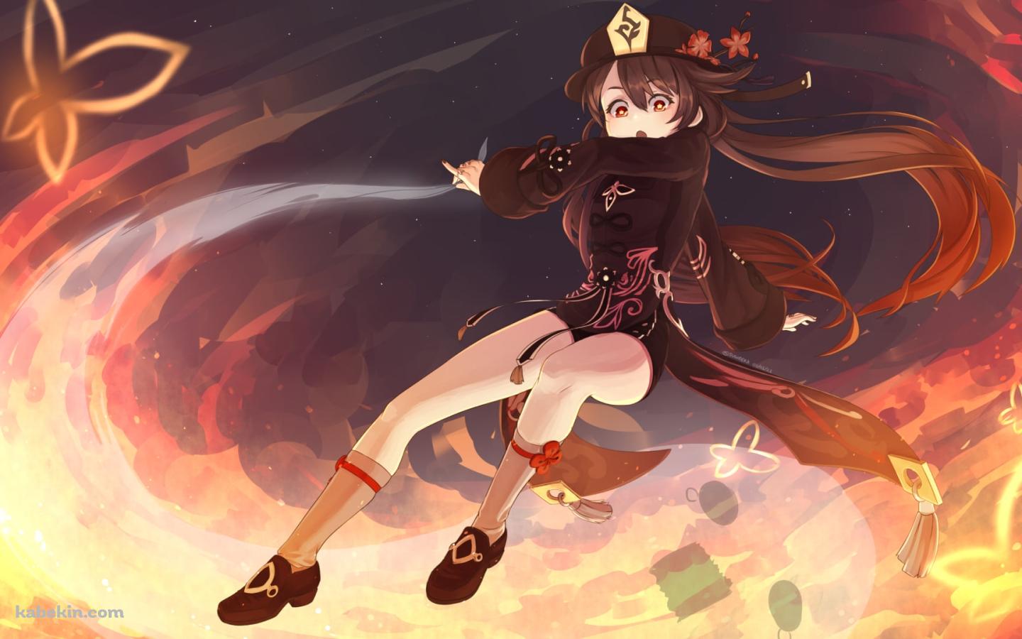 飛んで炎を撒き散らす胡桃 / 原神の壁紙(1440px x 900px) 高画質 PC・デスクトップ用