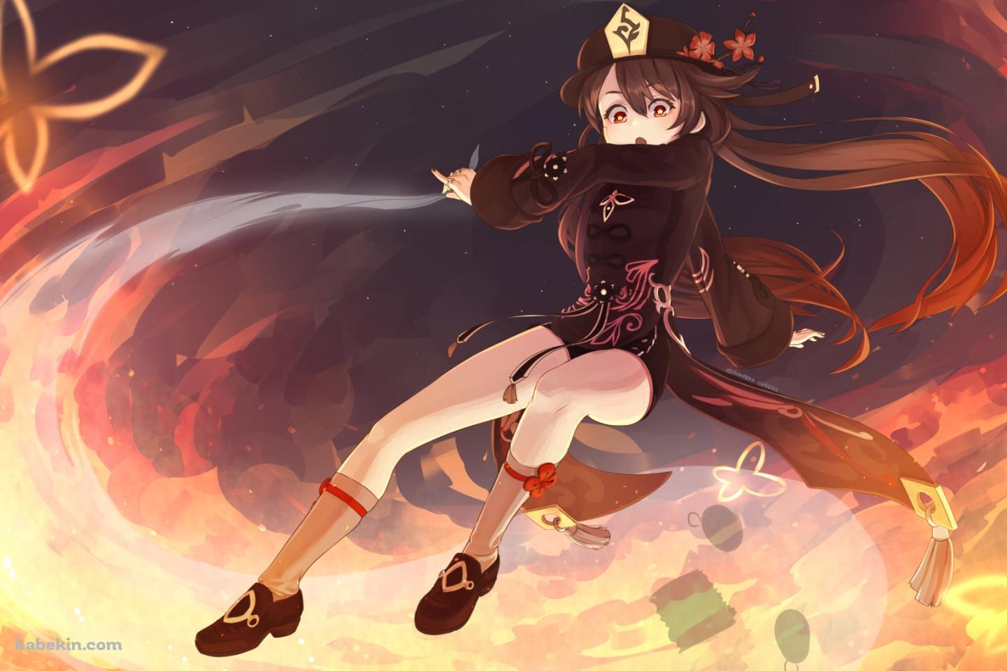 飛んで炎を撒き散らす胡桃 / 原神の壁紙(1440px x 960px) 高画質 PC・デスクトップ用