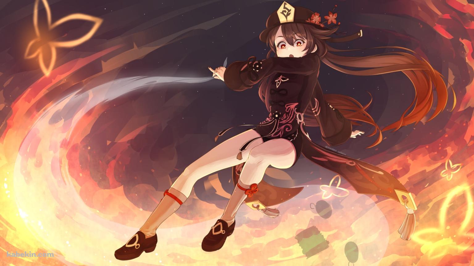 飛んで炎を撒き散らす胡桃 / 原神の壁紙(1536px x 864px) 高画質 PC・デスクトップ用