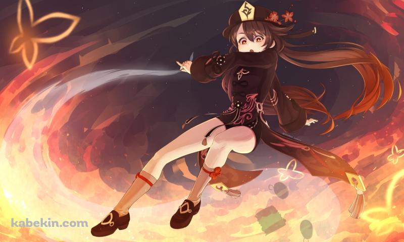 飛んで炎を撒き散らす胡桃 / 原神の壁紙(800px x 480px) 高画質 PC・デスクトップ用