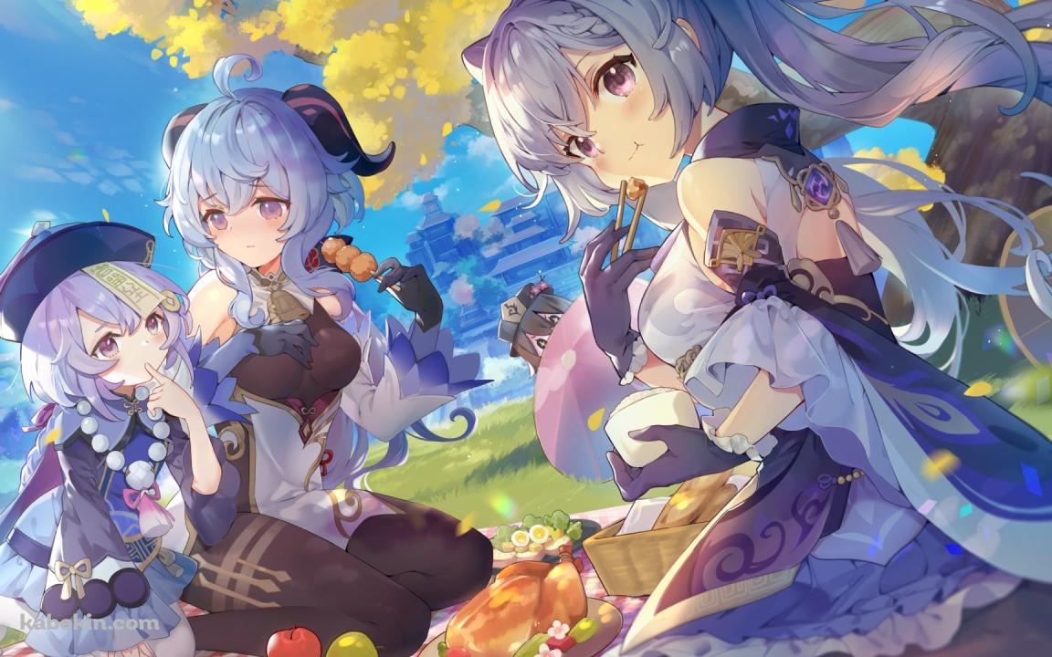晴天時、ピクニックをする刻晴 / 甘雨 / 胡桃 / 七七 / 団子 / リンゴ / 七面鳥 / 原神の壁紙(1152px x 720px) 高画質 PC・デスクトップ用