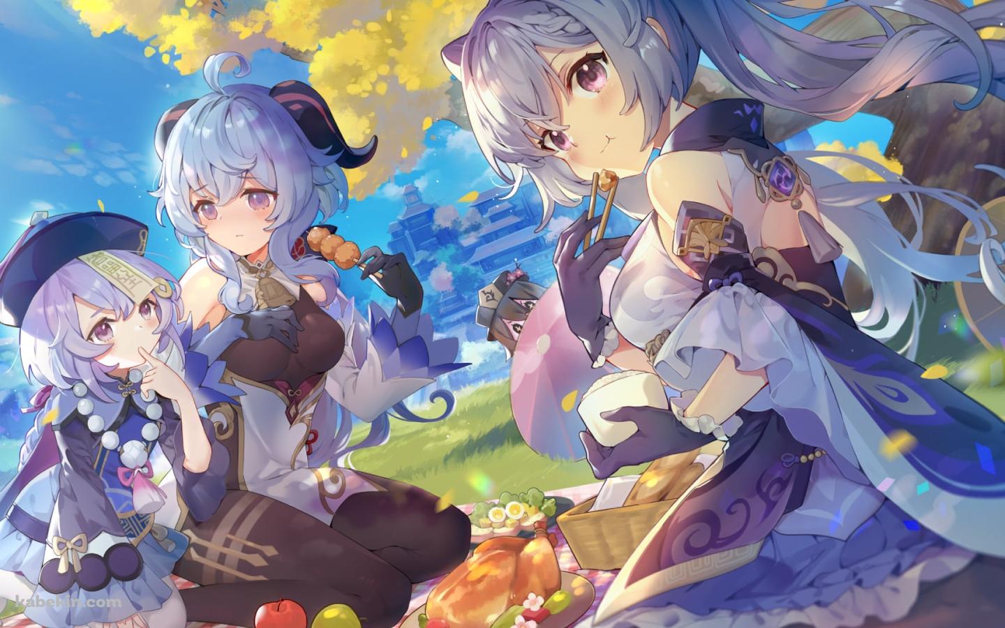 晴天時、ピクニックをする刻晴 / 甘雨 / 胡桃 / 七七 / 団子 / リンゴ / 七面鳥 / 原神の壁紙(1440px x 900px) 高画質 PC・デスクトップ用
