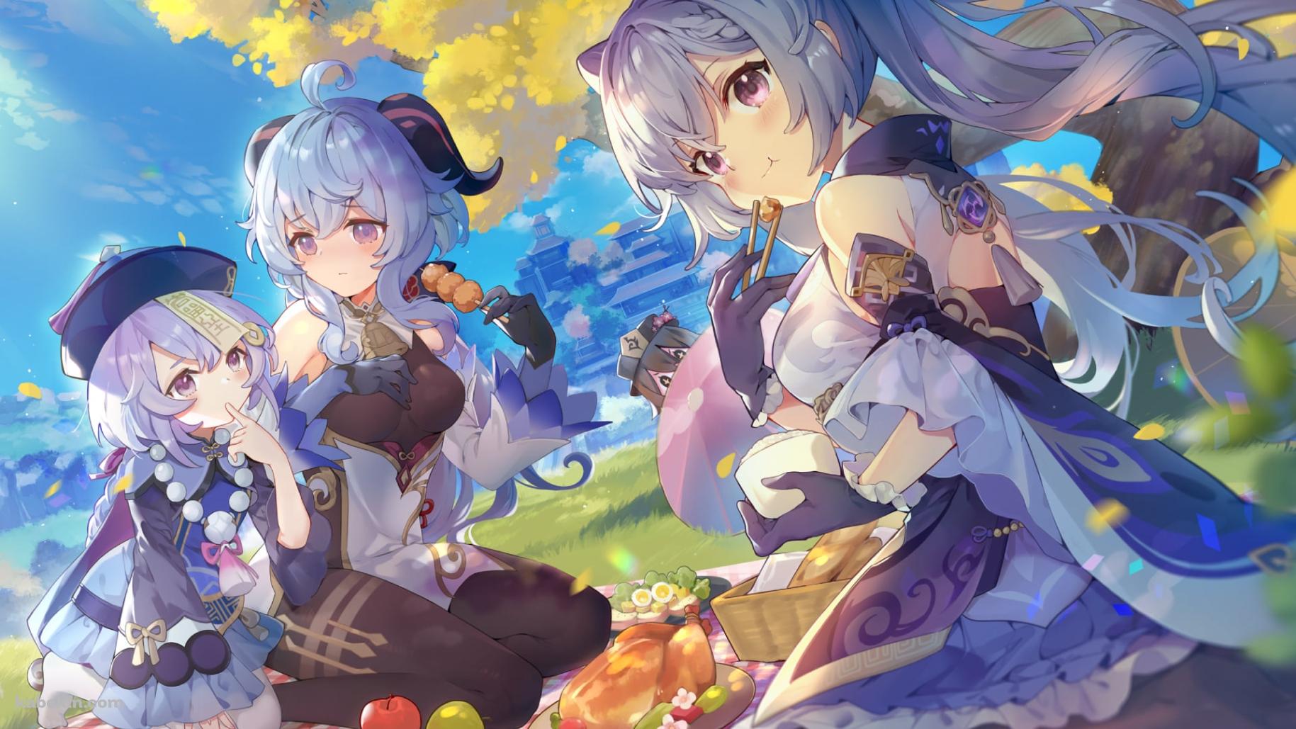 晴天時、ピクニックをする刻晴 / 甘雨 / 胡桃 / 七七 / 団子 / リンゴ / 七面鳥 / 原神の壁紙(1829px x 1029px) 高画質 PC・デスクトップ用