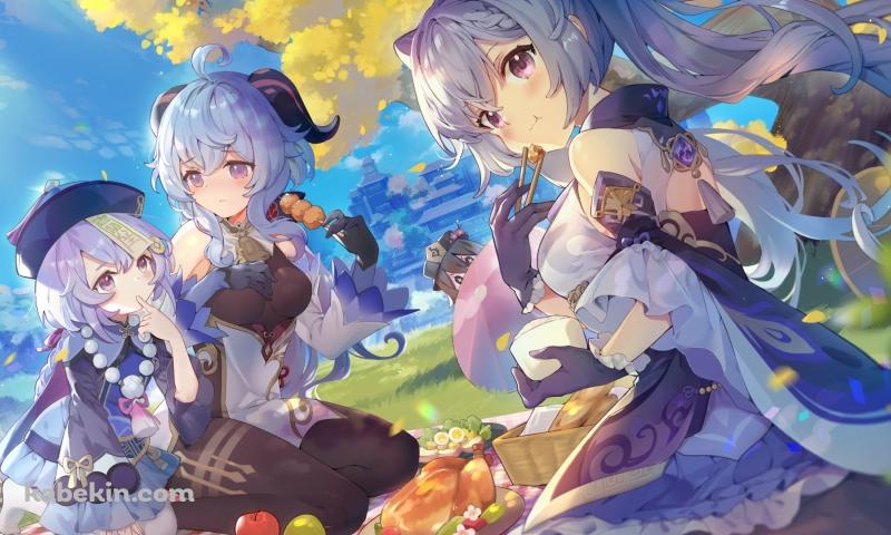 晴天時、ピクニックをする刻晴 / 甘雨 / 胡桃 / 七七 / 団子 / リンゴ / 七面鳥 / 原神の壁紙(800px x 480px) 高画質 PC・デスクトップ用