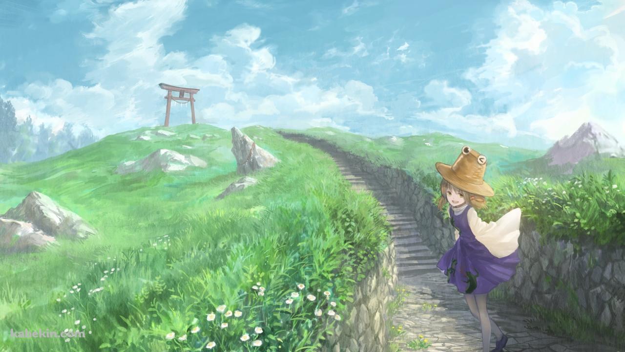 丘の上にある鳥居と洩矢諏訪子 (もりやすわこ) / 東方の壁紙(1280px x 720px) 高画質 PC・デスクトップ用